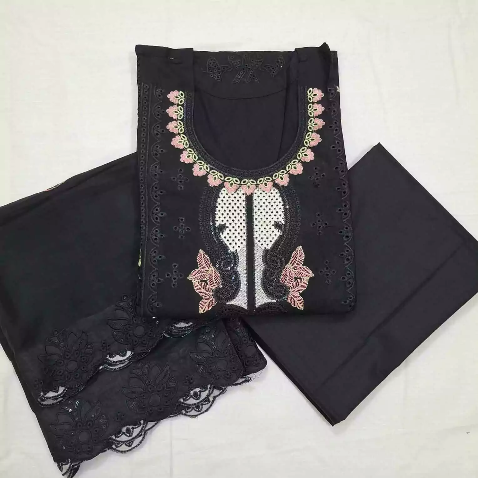 Ladies Gorgeous Embroidery 3pcs Dress in Black